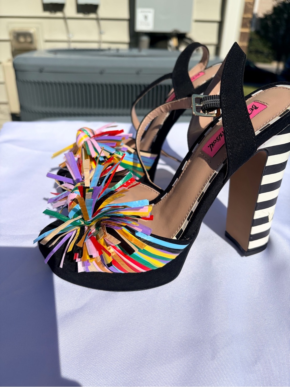 Betsey Johnson Black Heels with Rainbow Fringe and Striped Block Heel
